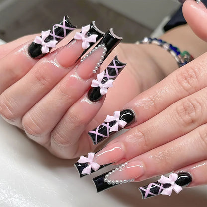 Deborah | Women's Black Halloween Bat Almond Press On Nails with 3D Rivet and Bow Details