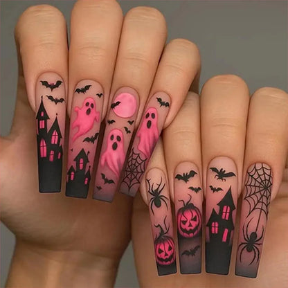 Fiona | Women's Pink Glitter Skull Press On Halloween Nails with Sequin Design