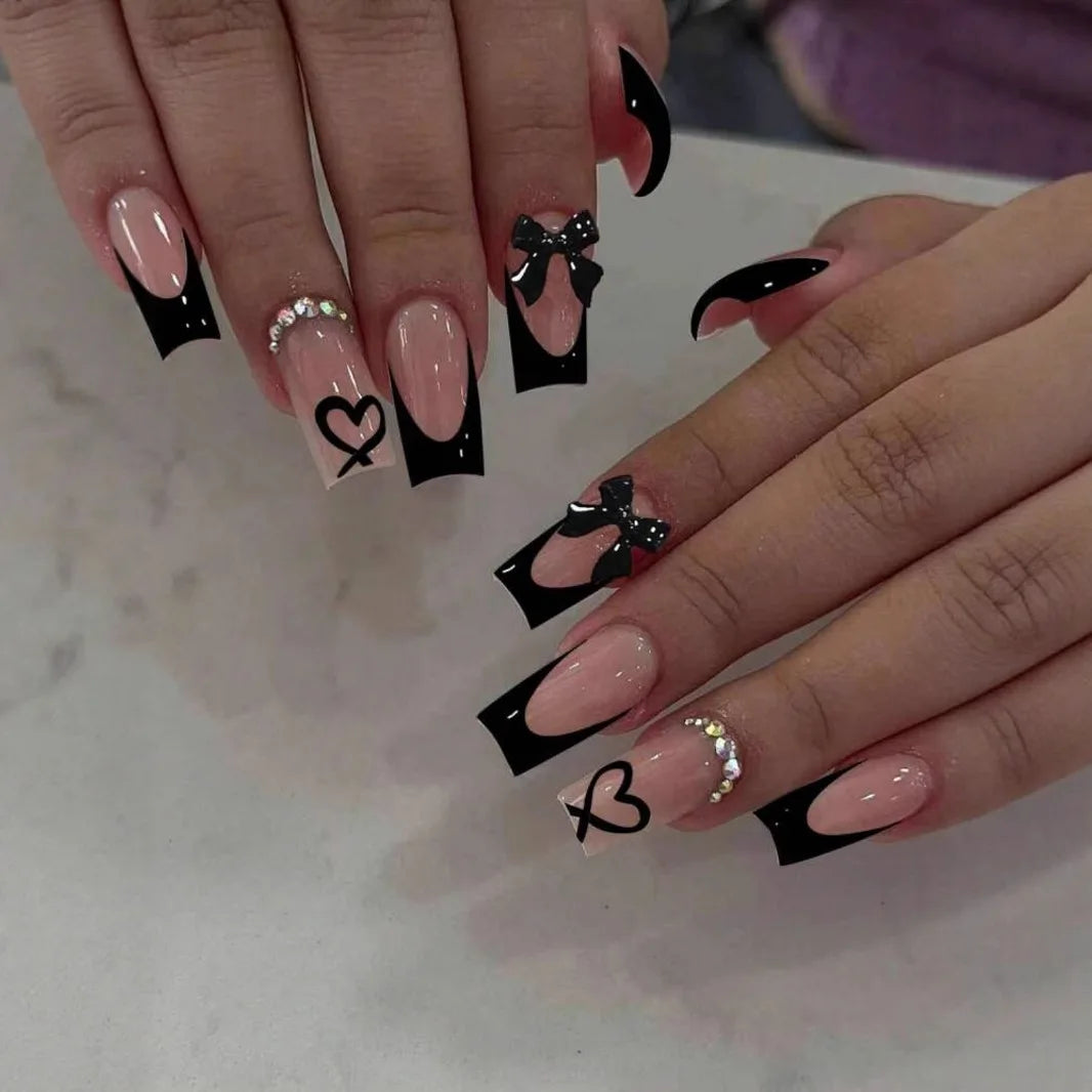 Deborah | Women's Black Halloween Bat Almond Press On Nails with 3D Rivet and Bow Details