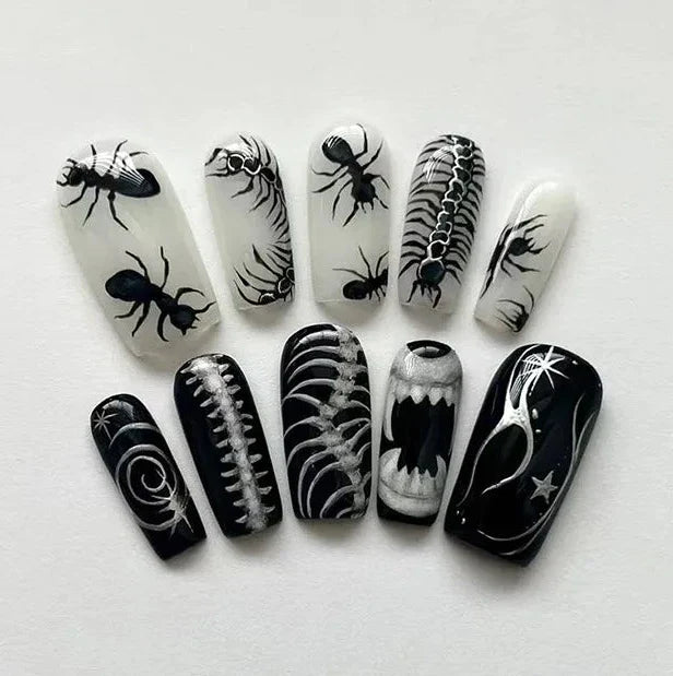 Natasha | Women's Silver Spider Almond Press On Halloween Nails with Gothic Design