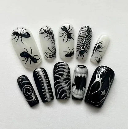 Natasha | Women's Silver Spider Almond Press On Halloween Nails with Gothic Design