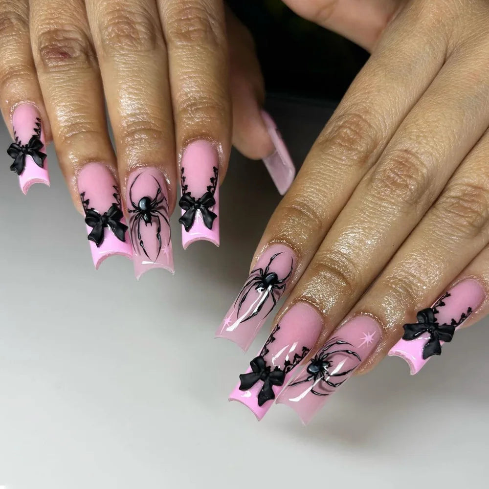 Fiona | Women's Pink Glitter Skull Press On Halloween Nails with Sequin Design