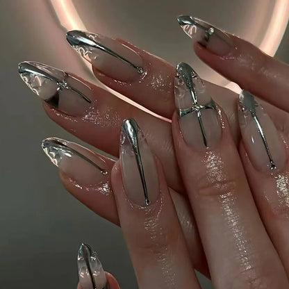Katie | Women's Black Glitter Almond Press On Halloween Nails with 3D Metallic Design