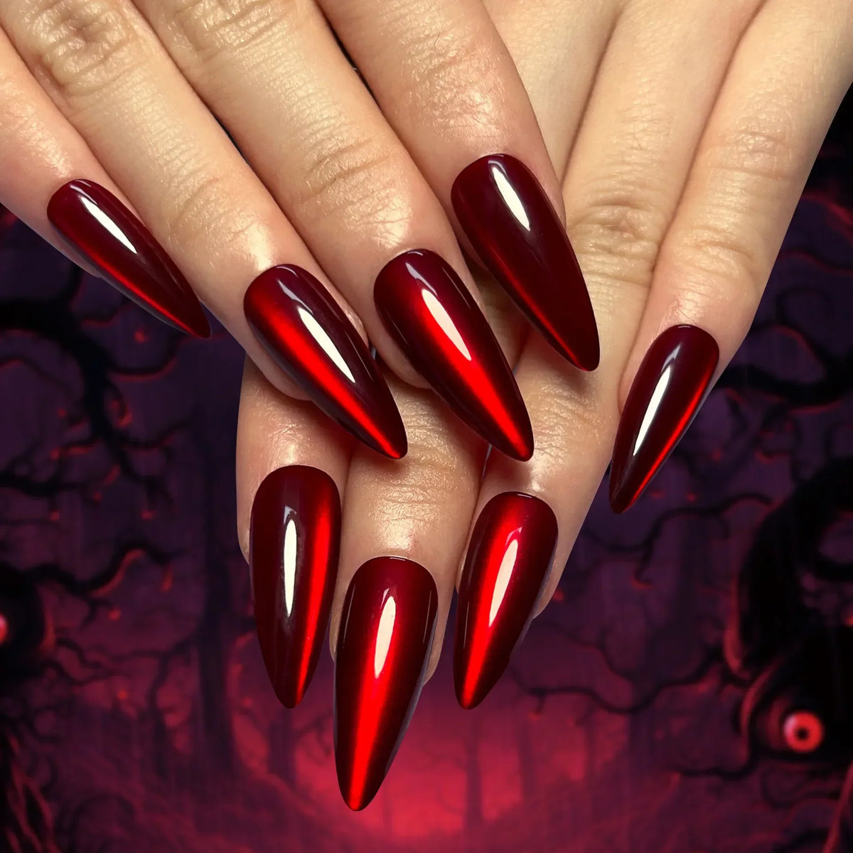 Arabella | Women's Red Cat Eye Press On Halloween Nails with Glossy Finish