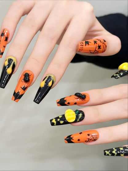 Emily | Women's Dark Green Halloween Spider Pumpkin Press On Nails