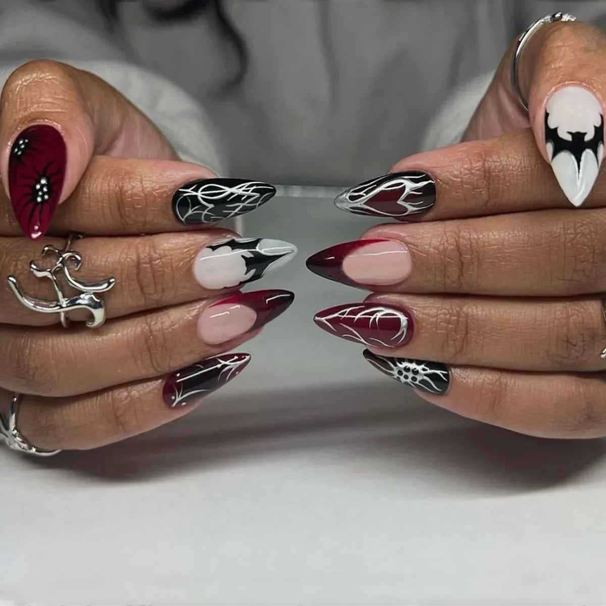 Natasha | Women's Silver Spider Almond Press On Halloween Nails with Gothic Design