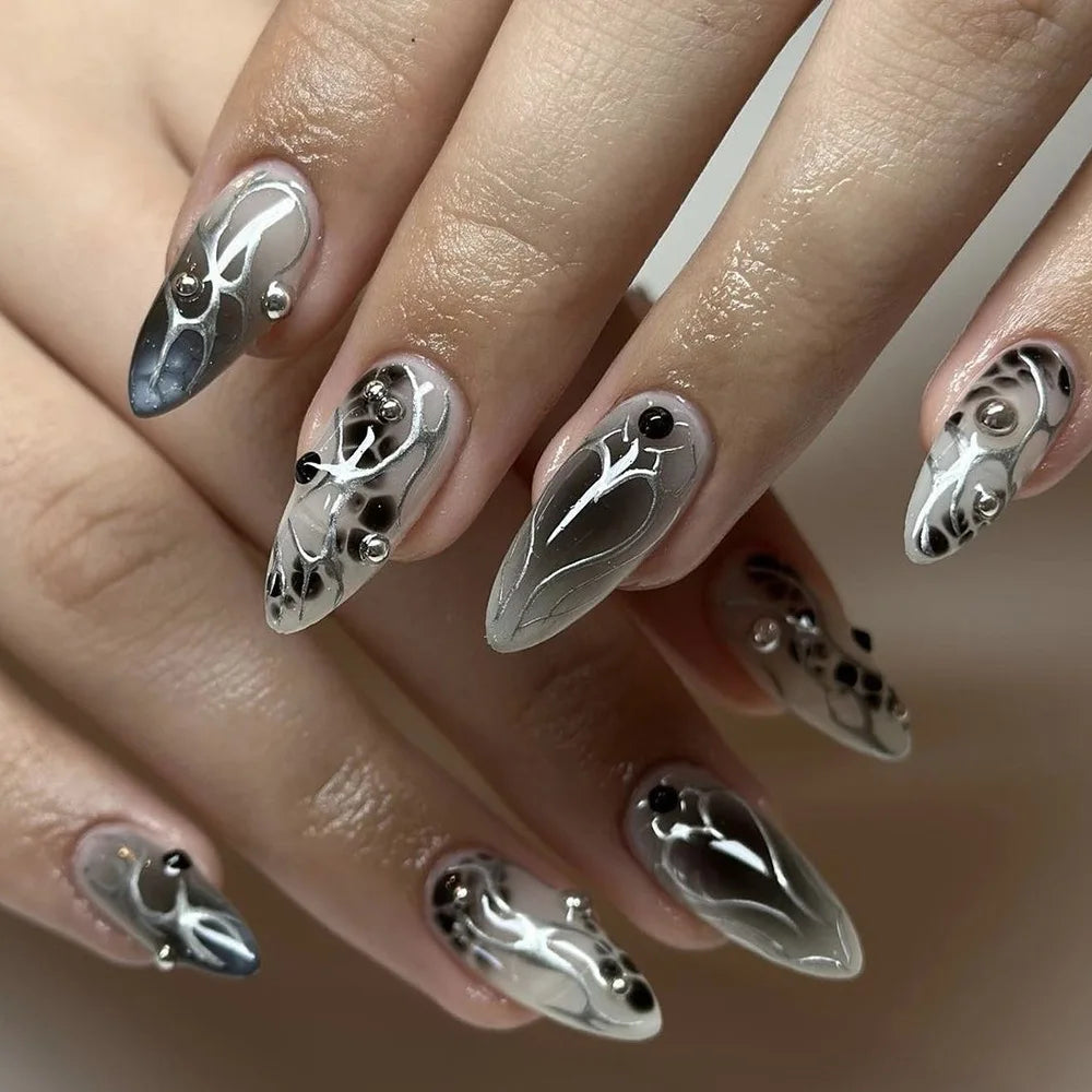 Katie | Women's Black Glitter Almond Press On Halloween Nails with 3D Metallic Design
