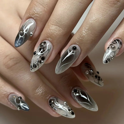 Katie | Women's Black Glitter Almond Press On Halloween Nails with 3D Metallic Design