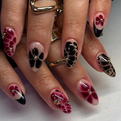 Katie | Women's Black Glitter Almond Press On Halloween Nails with 3D Metallic Design