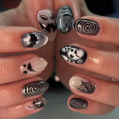 Katie | Women's Black Glitter Almond Press On Halloween Nails with 3D Metallic Design