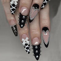 Deborah | Women's Black Halloween Bat Almond Press On Nails with 3D Rivet and Bow Details