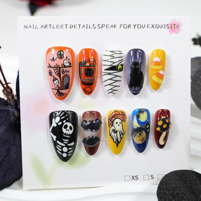 Natasha | Women's Silver Spider Almond Press On Halloween Nails with Gothic Design