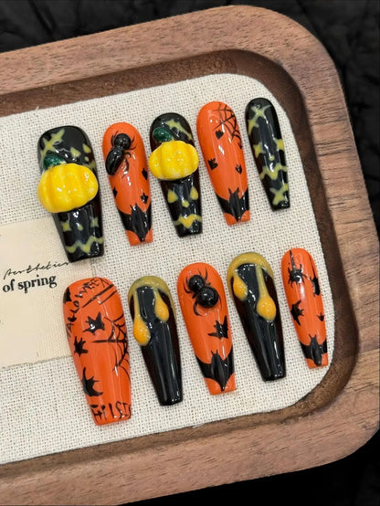 Emily | Women's Dark Green Halloween Spider Pumpkin Press On Nails