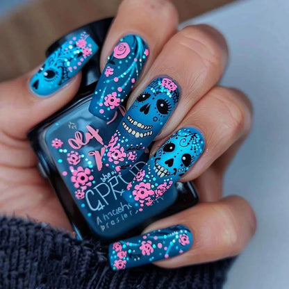 Fiona | Women's Pink Glitter Skull Press On Halloween Nails with Sequin Design