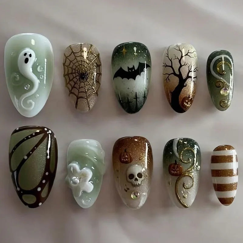 Natasha | Women's Silver Spider Almond Press On Halloween Nails with Gothic Design