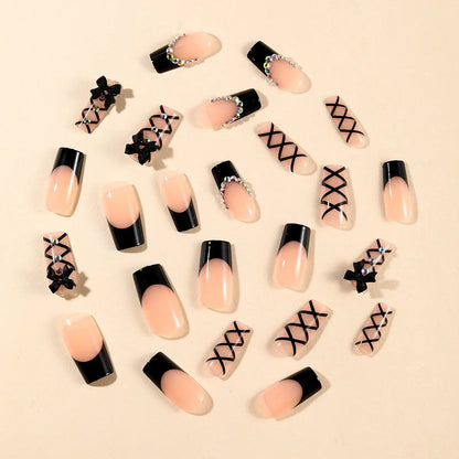 Deborah | Women's Black Halloween Bat Almond Press On Nails with 3D Rivet and Bow Details