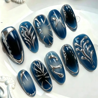 Katie | Women's Black Glitter Almond Press On Halloween Nails with 3D Metallic Design