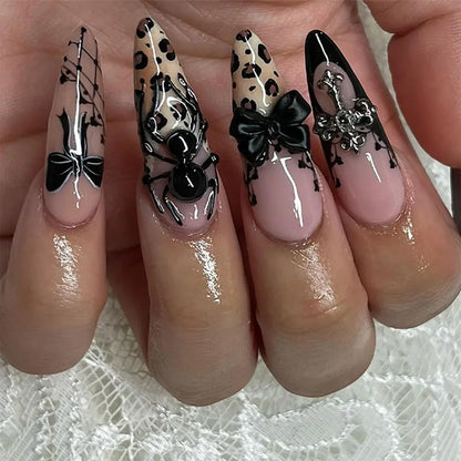 Natasha | Women's Silver Spider Almond Press On Halloween Nails with Gothic Design