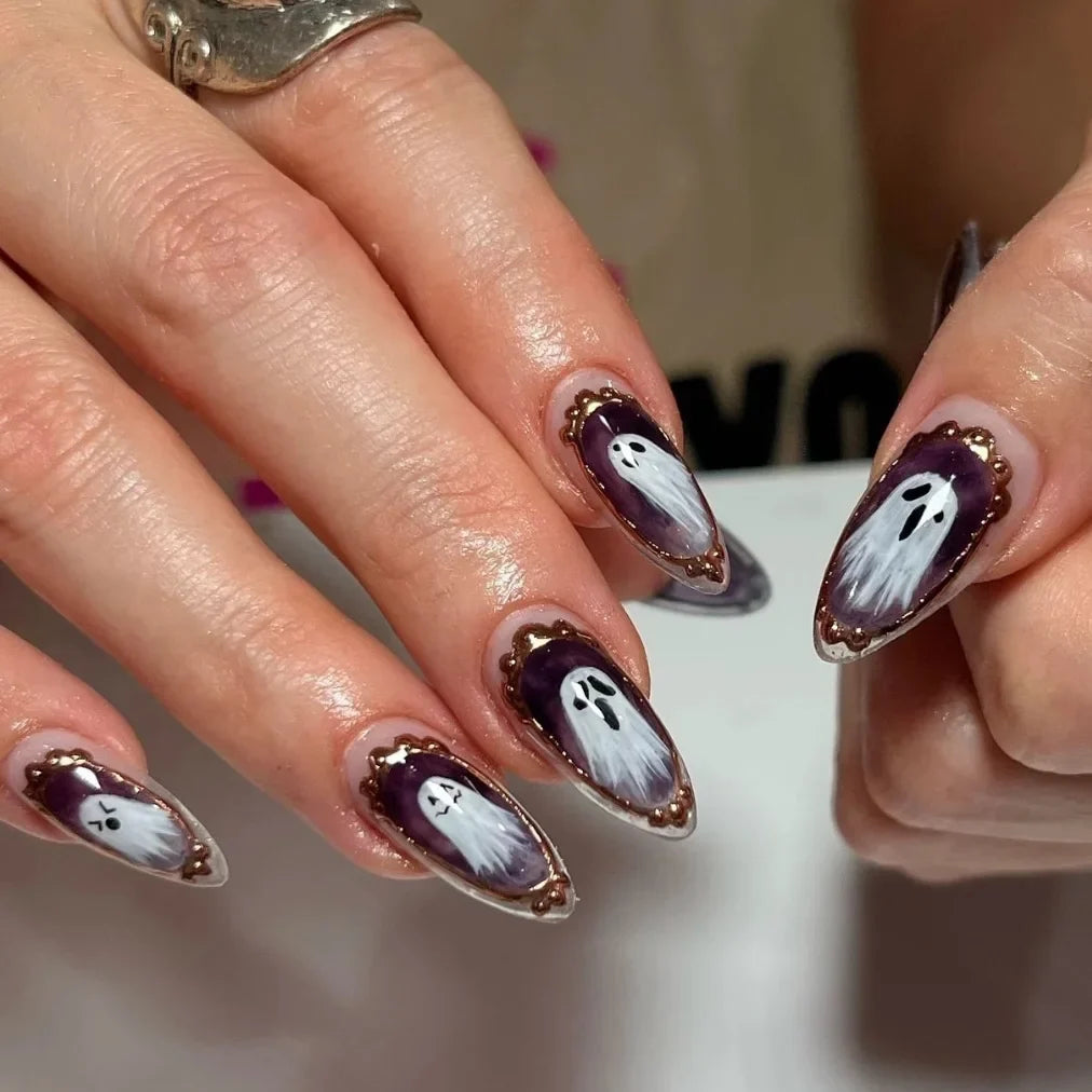 Fiona | Women's Pink Glitter Skull Press On Halloween Nails with Sequin Design