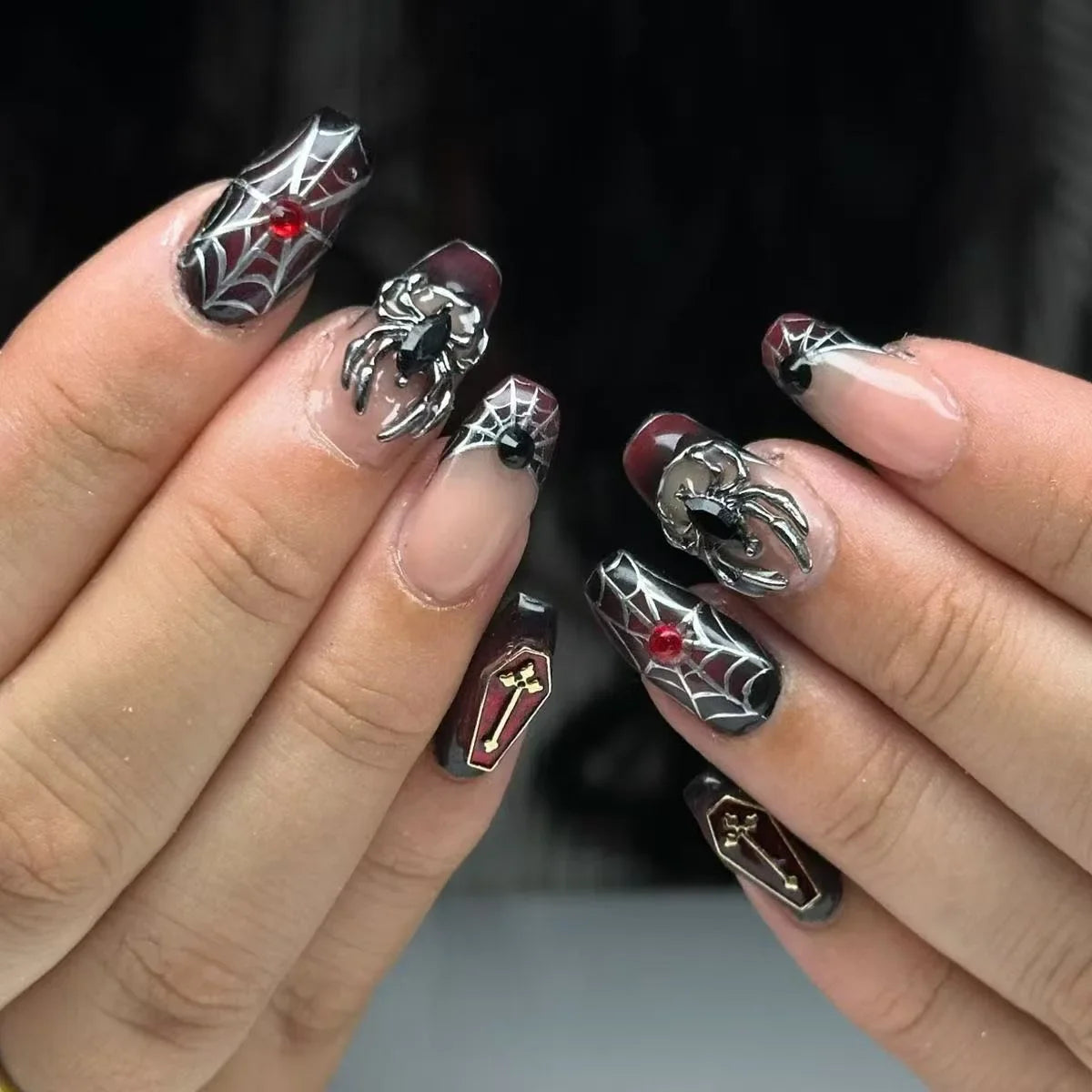 Natasha | Women's Silver Spider Almond Press On Halloween Nails with Gothic Design