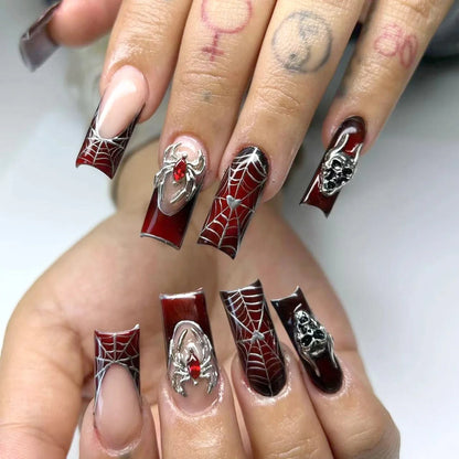 Natasha | Women's Silver Spider Almond Press On Halloween Nails with Gothic Design
