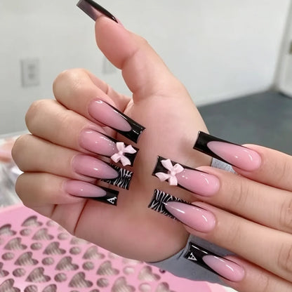 Deborah | Women's Black Halloween Bat Almond Press On Nails with 3D Rivet and Bow Details