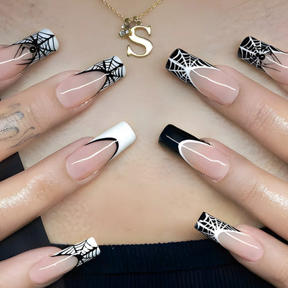 Natasha | Women's Silver Spider Almond Press On Halloween Nails with Gothic Design