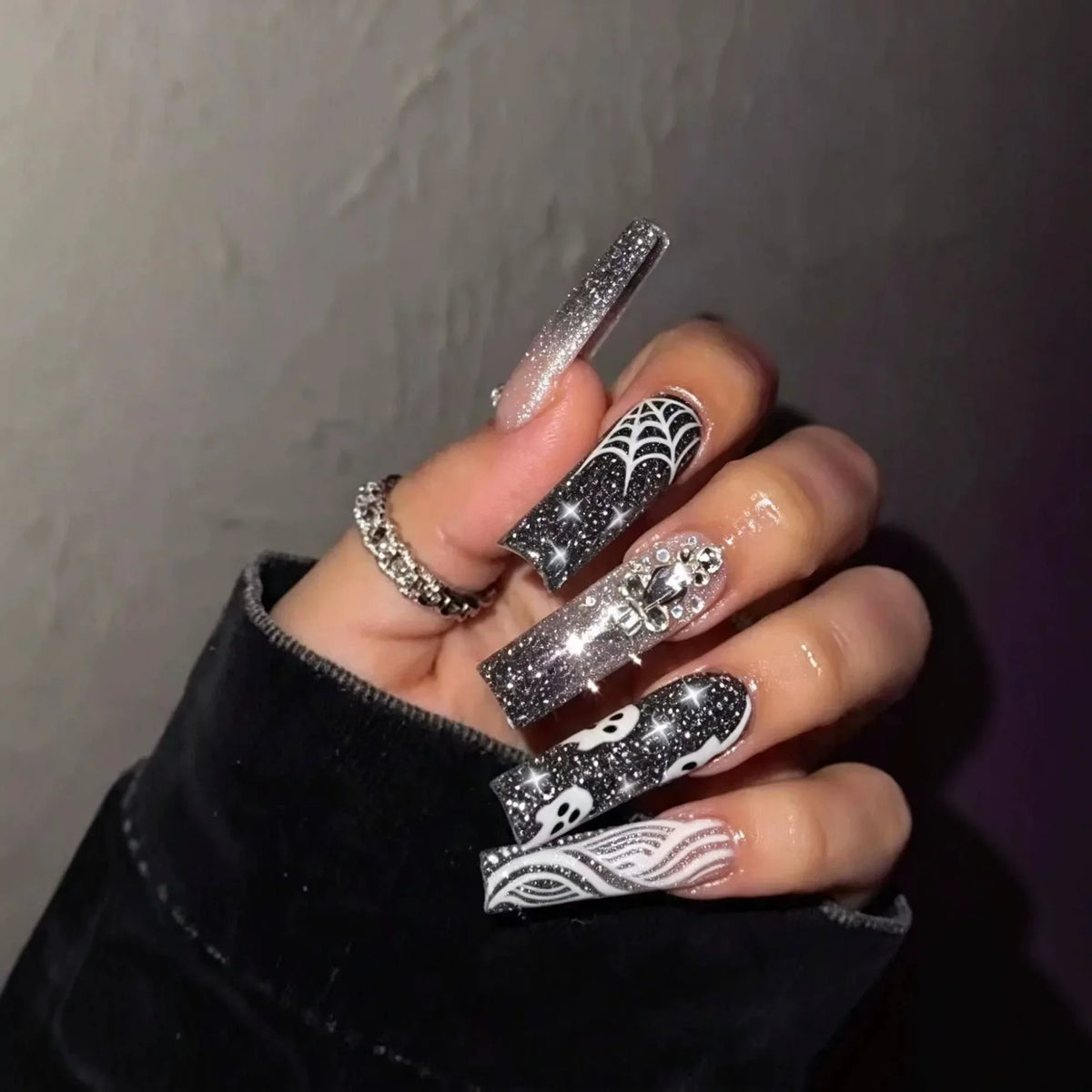 Fiona | Women's Pink Glitter Skull Press On Halloween Nails with Sequin Design