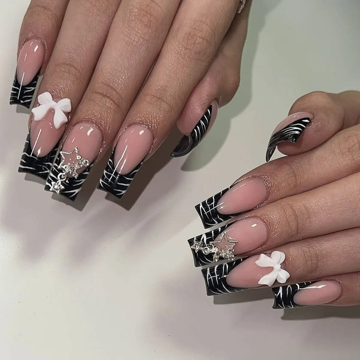 Deborah | Women's Black Halloween Bat Almond Press On Nails with 3D Rivet and Bow Details