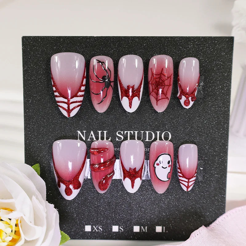 Natasha | Women's Silver Spider Almond Press On Halloween Nails with Gothic Design