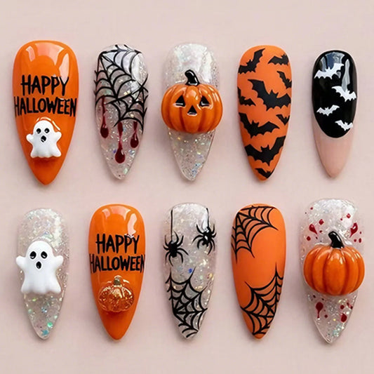 Phoebe | Women's Halloween Ghost Pumpkin Bat Almond Press On Nails