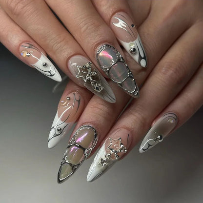 Katie | Women's Black Glitter Almond Press On Halloween Nails with 3D Metallic Design