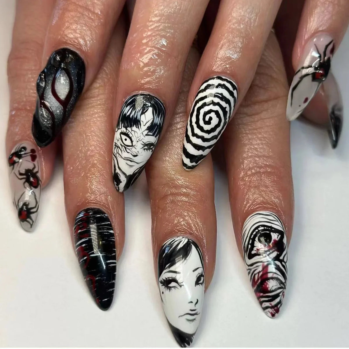 Natasha | Women's Silver Spider Almond Press On Halloween Nails with Gothic Design