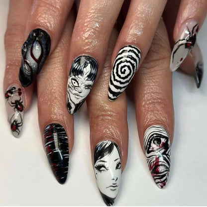 Natasha | Women's Silver Spider Almond Press On Halloween Nails with Gothic Design