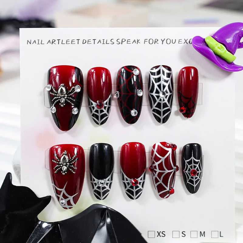 Natasha | Women's Silver Spider Almond Press On Halloween Nails with Gothic Design