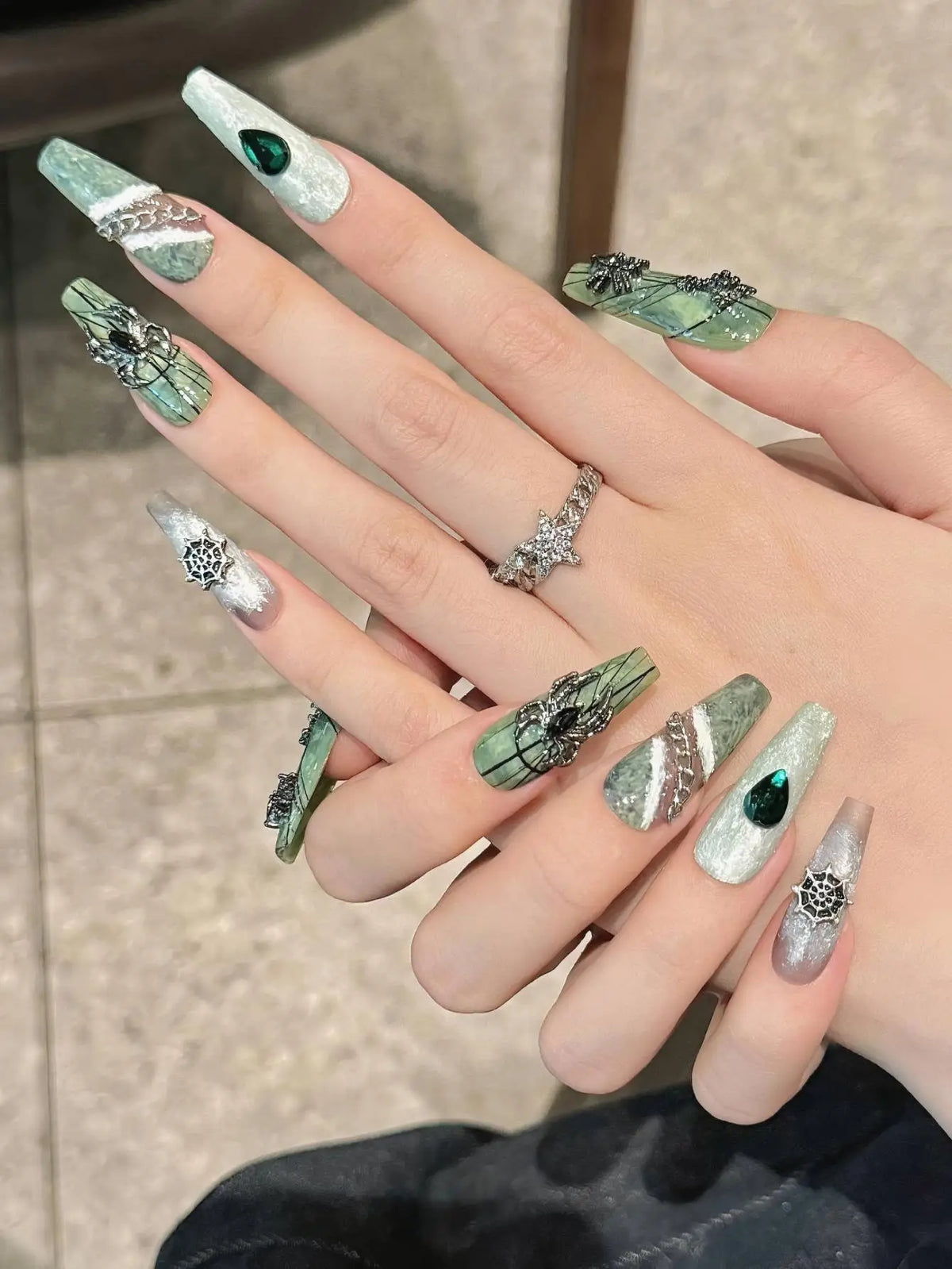 Emily | Women's Dark Green Halloween Spider Pumpkin Press On Nails