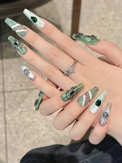 Emily | Women's Dark Green Halloween Spider Pumpkin Press On Nails