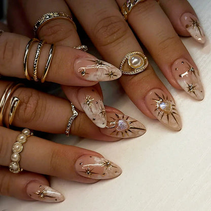 Katie | Women's Black Glitter Almond Press On Halloween Nails with 3D Metallic Design