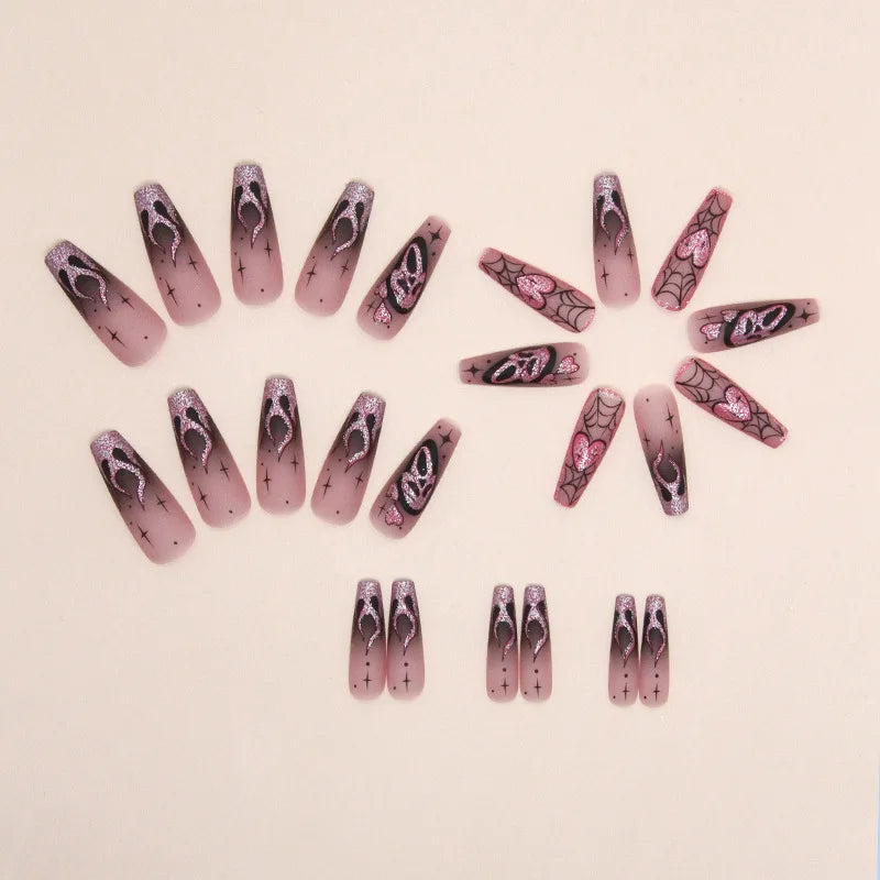 Fiona | Women's Pink Glitter Skull Press On Halloween Nails with Sequin Design