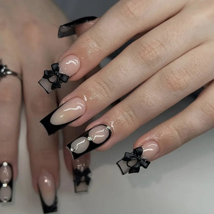 Deborah | Women's Black Halloween Bat Almond Press On Nails with 3D Rivet and Bow Details