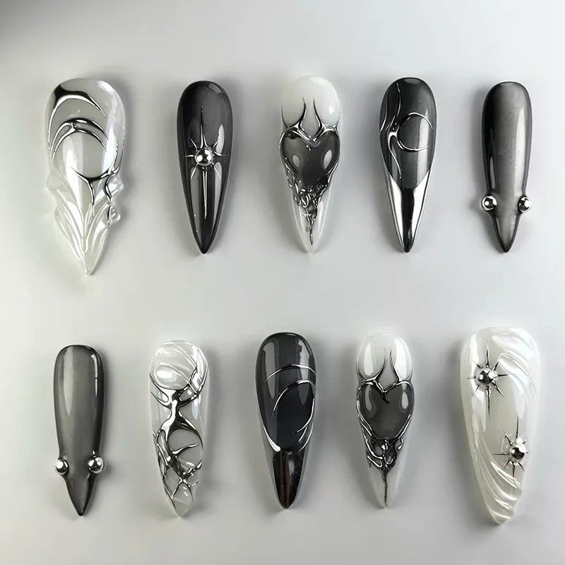 Kerry | Women's French Cat Eye Almond Press On Halloween Nails with 3D Wavy Design