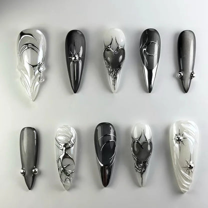 Kerry | Women's French Cat Eye Almond Press On Halloween Nails with 3D Wavy Design