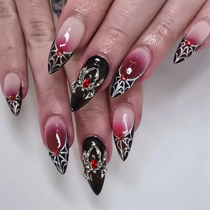 Natasha | Women's Silver Spider Almond Press On Halloween Nails with Gothic Design