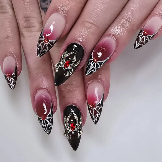 Natasha | Women's Silver Spider Almond Press On Halloween Nails with Gothic Design
