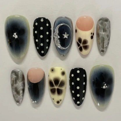 Katie | Women's Black Glitter Almond Press On Halloween Nails with 3D Metallic Design