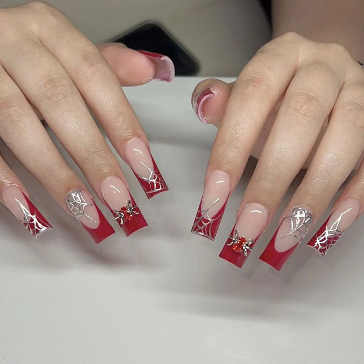 Natasha | Women's Silver Spider Almond Press On Halloween Nails with Gothic Design