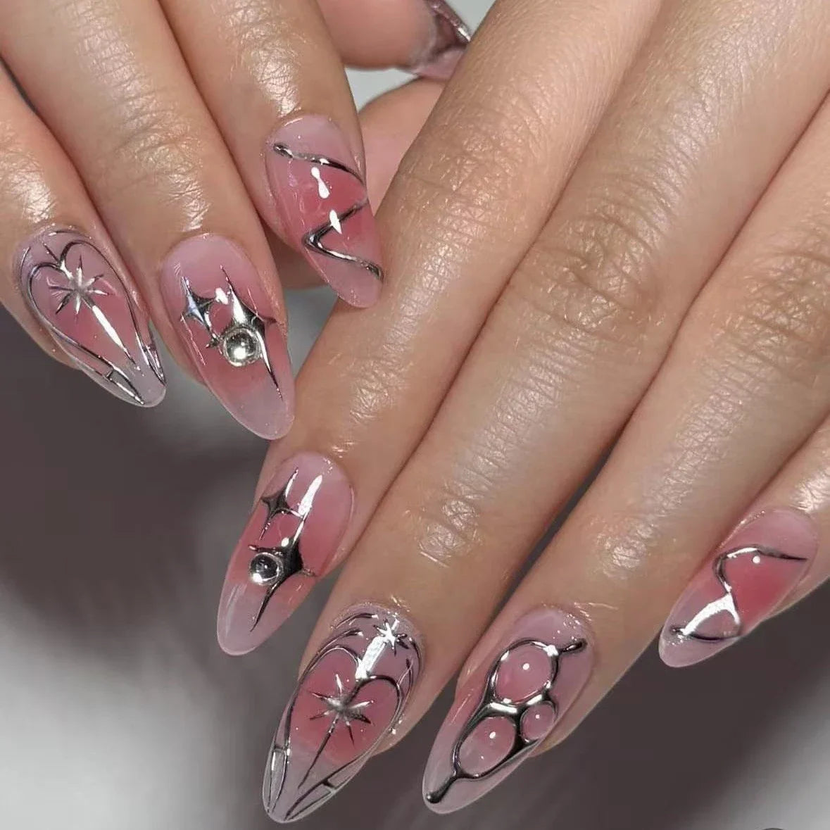 Katie | Women's Black Glitter Almond Press On Halloween Nails with 3D Metallic Design