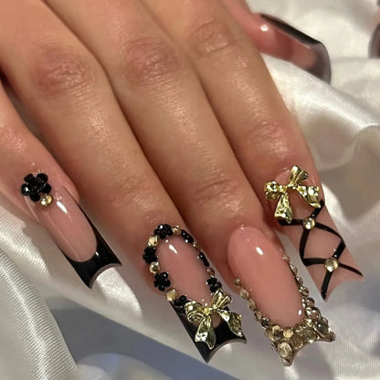 Deborah | Women's Black Halloween Bat Almond Press On Nails with 3D Rivet and Bow Details