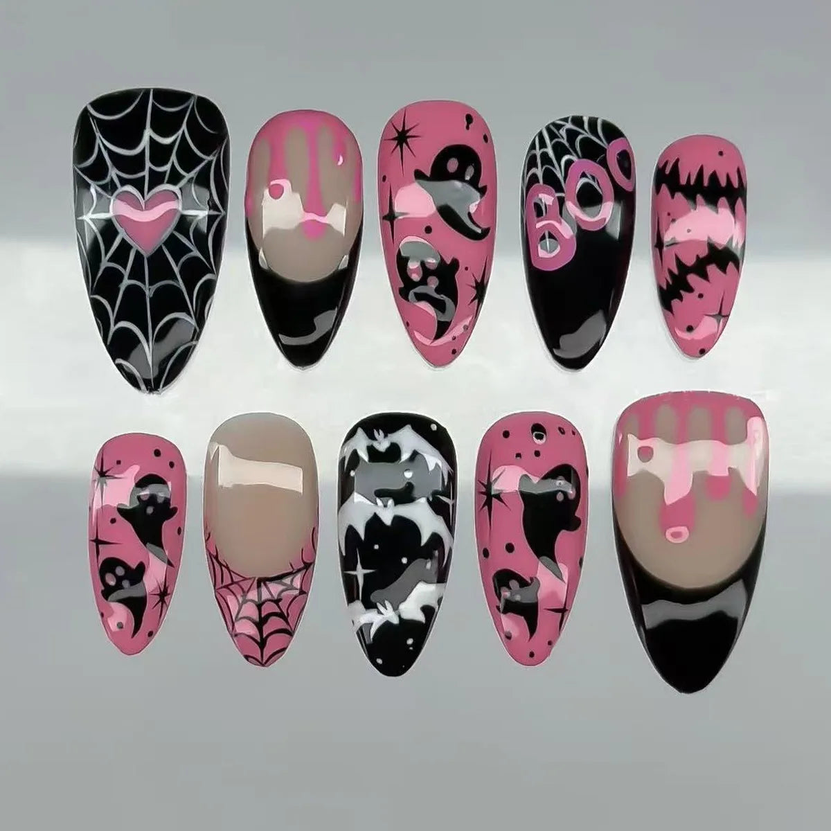 Katie | Women's Black Glitter Almond Press On Halloween Nails with 3D Metallic Design