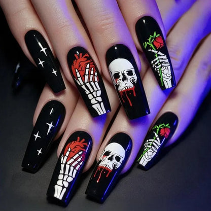 Fiona | Women's Pink Glitter Skull Press On Halloween Nails with Sequin Design